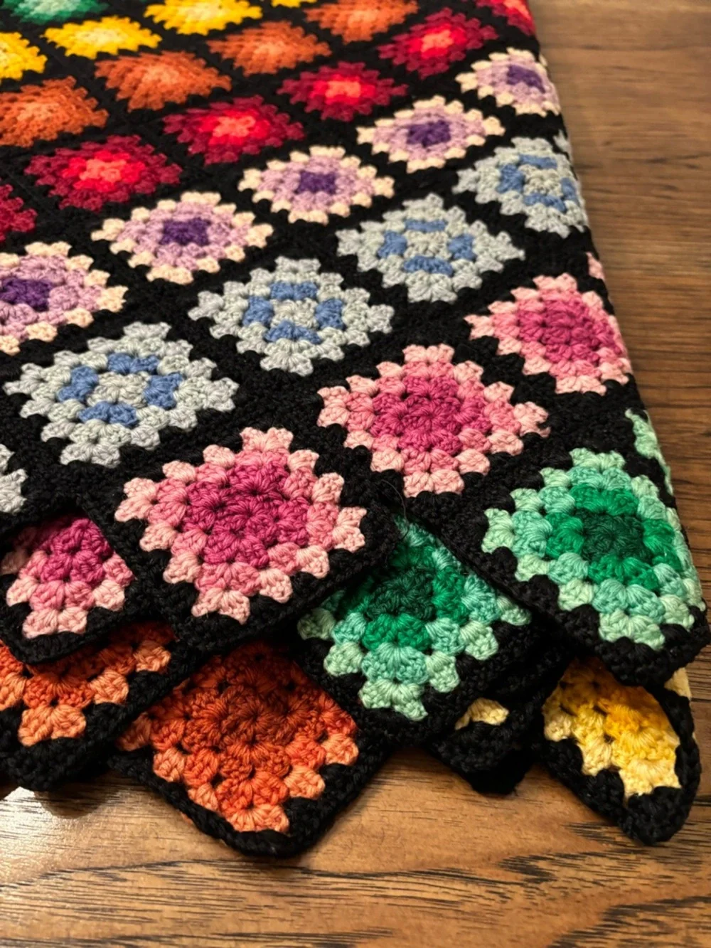 Vintage Hand Crocheted Granny Square Afghan 60x70 Jewel Tone Wool Blanket